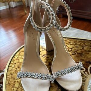 Badgley Mischka Blush Satin Crystal-Strap Block Heels